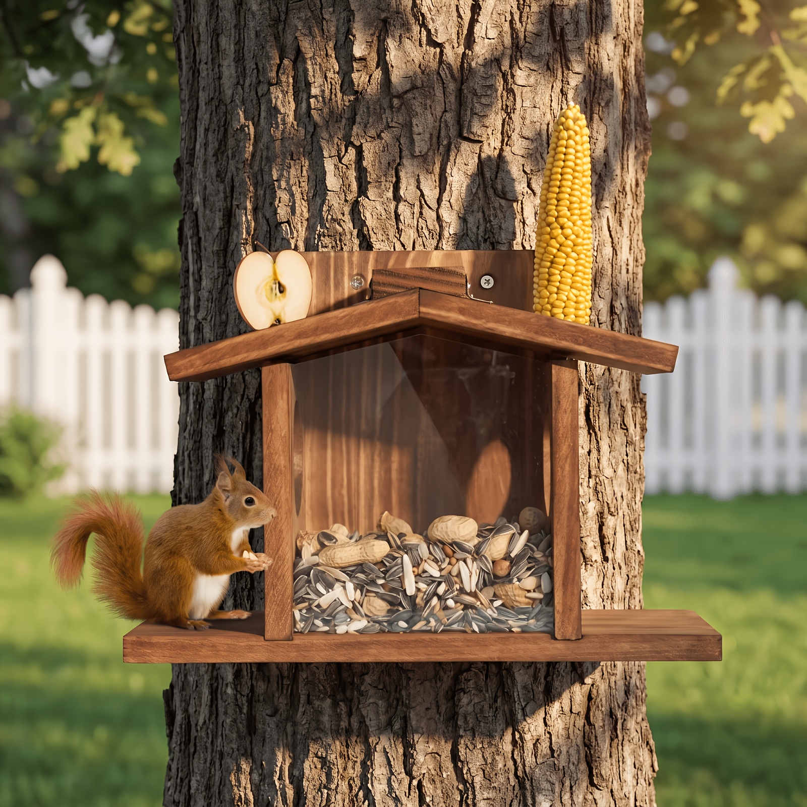 Wooden Squirrel Feeding House With Large-capacity Feeder, Squirrel Nut Feeder, Mountable Corn And Holder, Outdoor Decoration Feeding Cabin