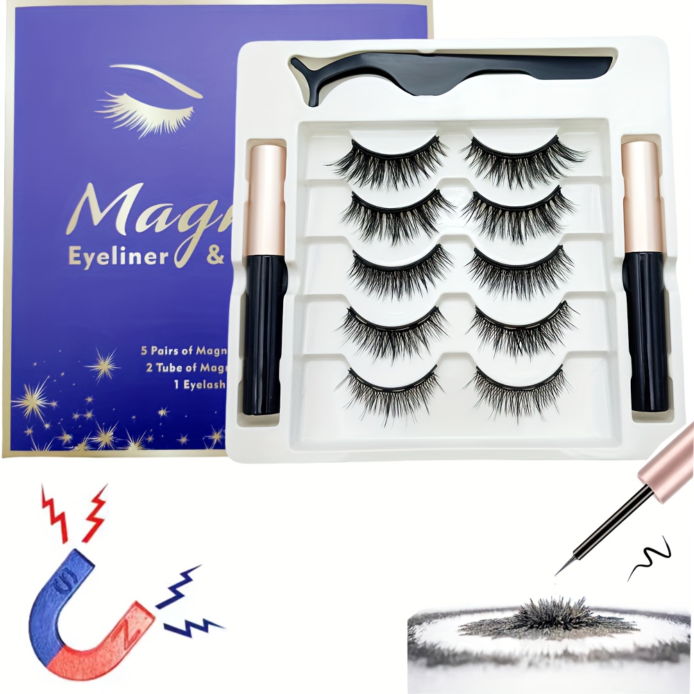 

Magnetic Eyelashes Kit With Eyeliner - 5 Pairs Natural Look False Lashes Set, Easy To Apply, No Glue Needed, Waterproof, Includes 2 Eyeliner Pens With Clip, Alcohol-free