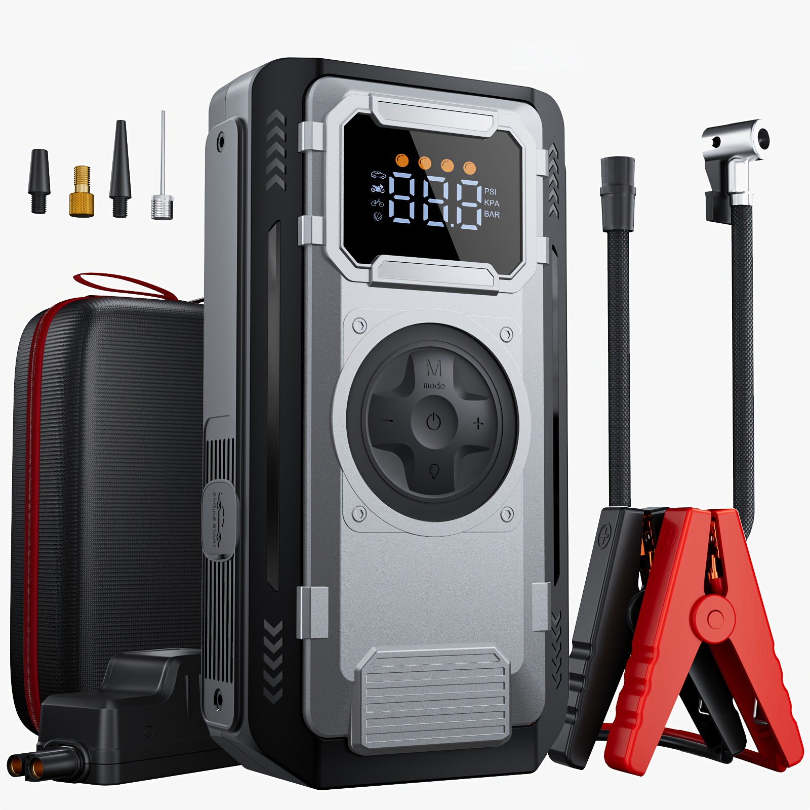 E-shop Sprungstarter mit Luftkompressor, 150PSI Reifenaufpumpgerät, für 8,0L Benzin-/7,0L Dieselmotoren, 12V Batterie-Booster mit Display, integrierte