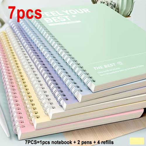 7pcs set one a5 spiral bound hardcover notebook random color two 0 5mm black ballpoint pens and four refill cartridges featuring smooth writing pens with a notebook designed with tear off pages
