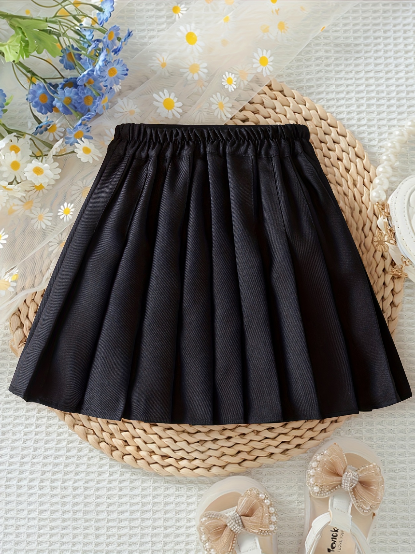 chic black pleated skirt girls versatile solid color a line Temu