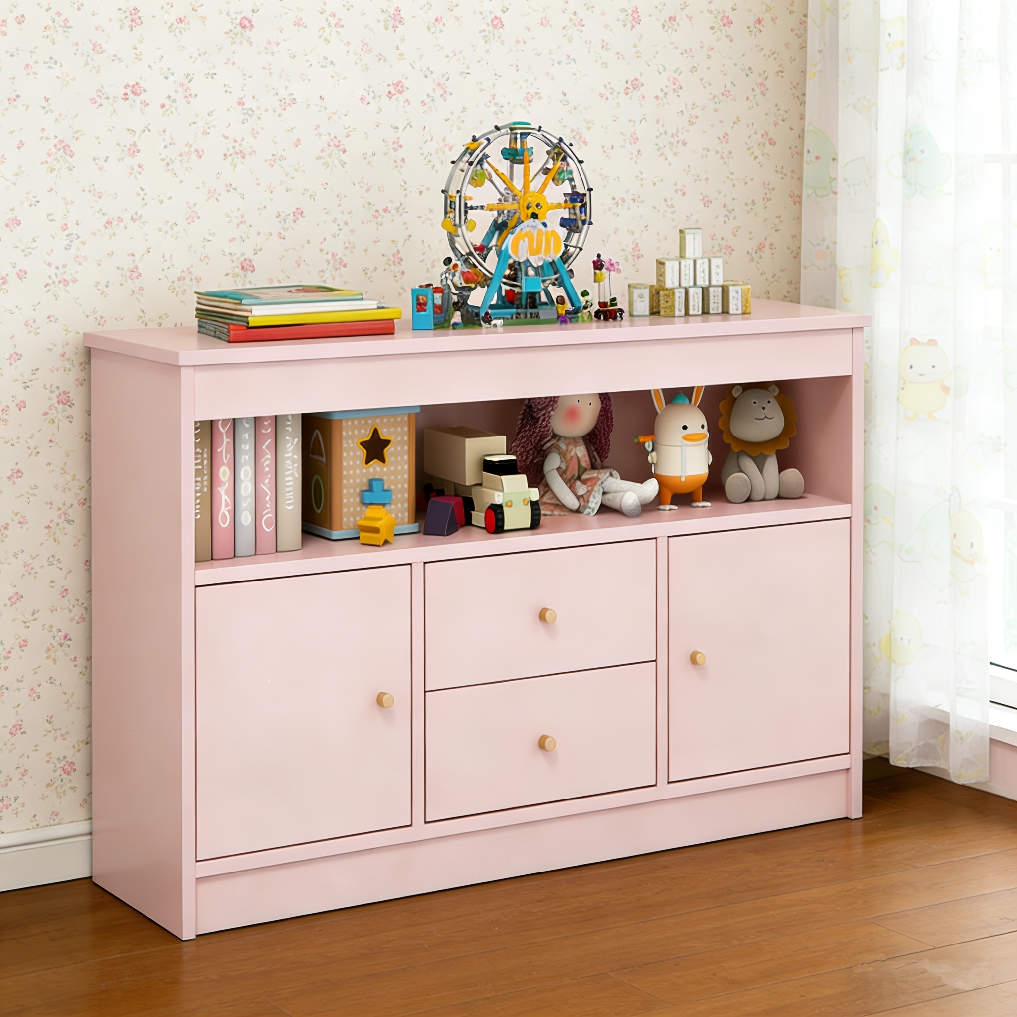 Image of Cabinet, Wooden Shelf, Cabinet With 2 Drawers And 2 Doors, Book Organizer, Storage Cabinet For Room, Bedroom, 106 X 30 X 62 Cm (pink)