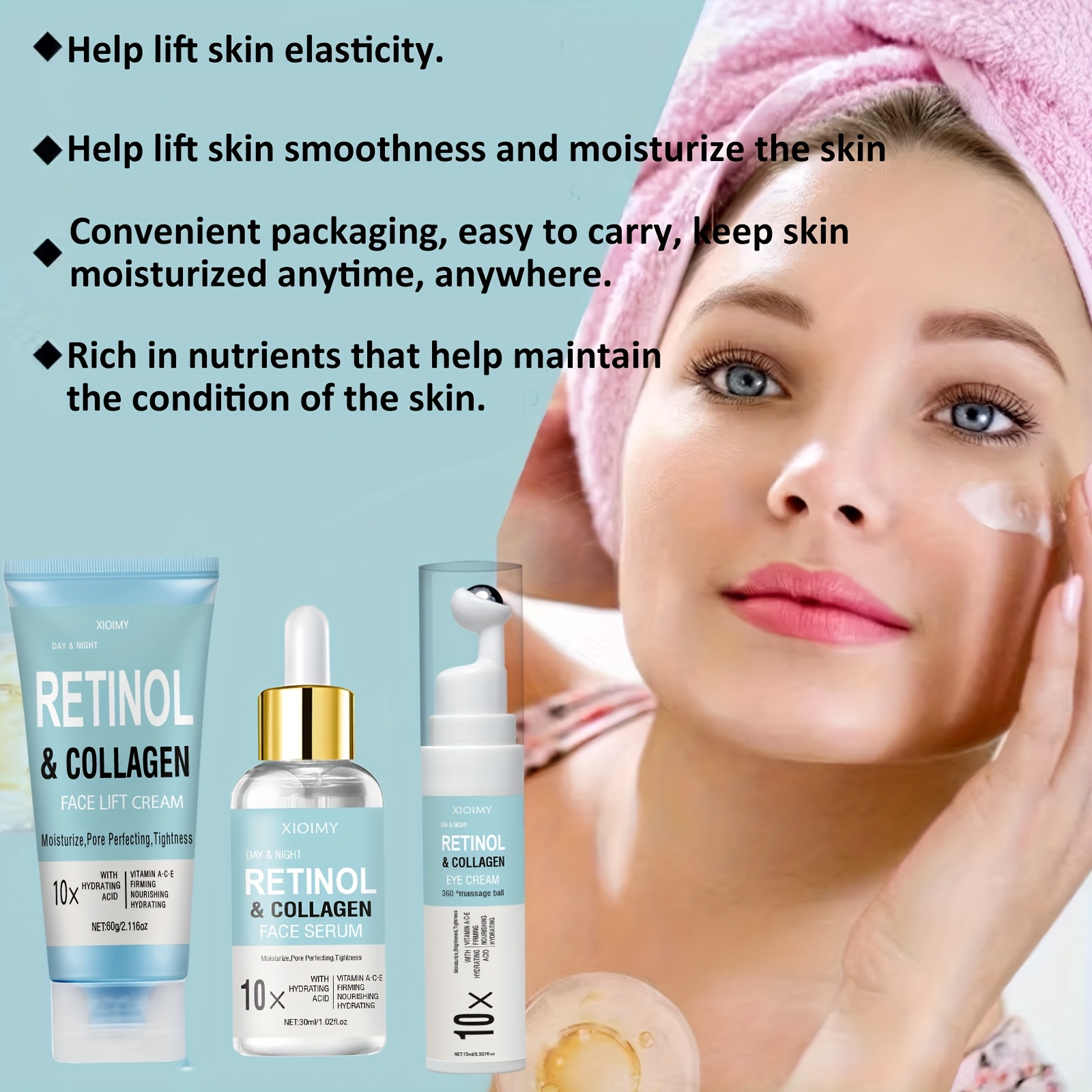 3pcs 10X Collagen And Retinol Facial Care Package, with Multiple Effects to Care Facial Skin, Including Facial Mask, Eye Cream, Essence, Face Cream, Smooth And Delicate Skin, Farewell to Dry And Dull Skin, And The Best Gift Package
