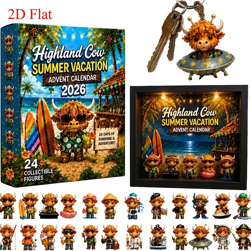 TEMU Highland Cow Advent Calendar 2026 & Figurine Ornament - Scottish Cow Calendar Suitable For, Bookshelf Display, Christmas Countdown, Dated Daily