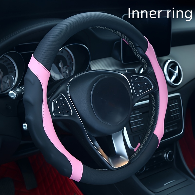 New   Leather Spliced Steering Wheel Cover Universal Standard Size 14 1/2 -15 Breathable Microfiber with  
