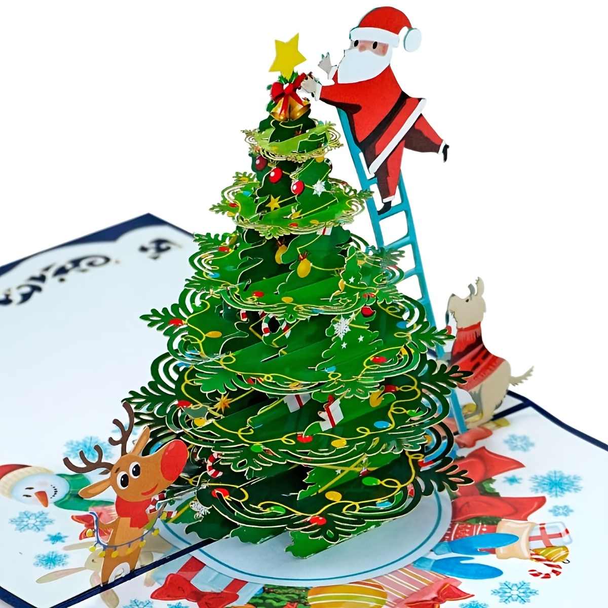 Image of 3d Christmas Tree Greeting Card. Santa Claus, A Puppy, And A Fawn Are Decorating A Tall Christmas Tree To Prepare For Christmas! A Christmas Atmosphere Card/greeting Card