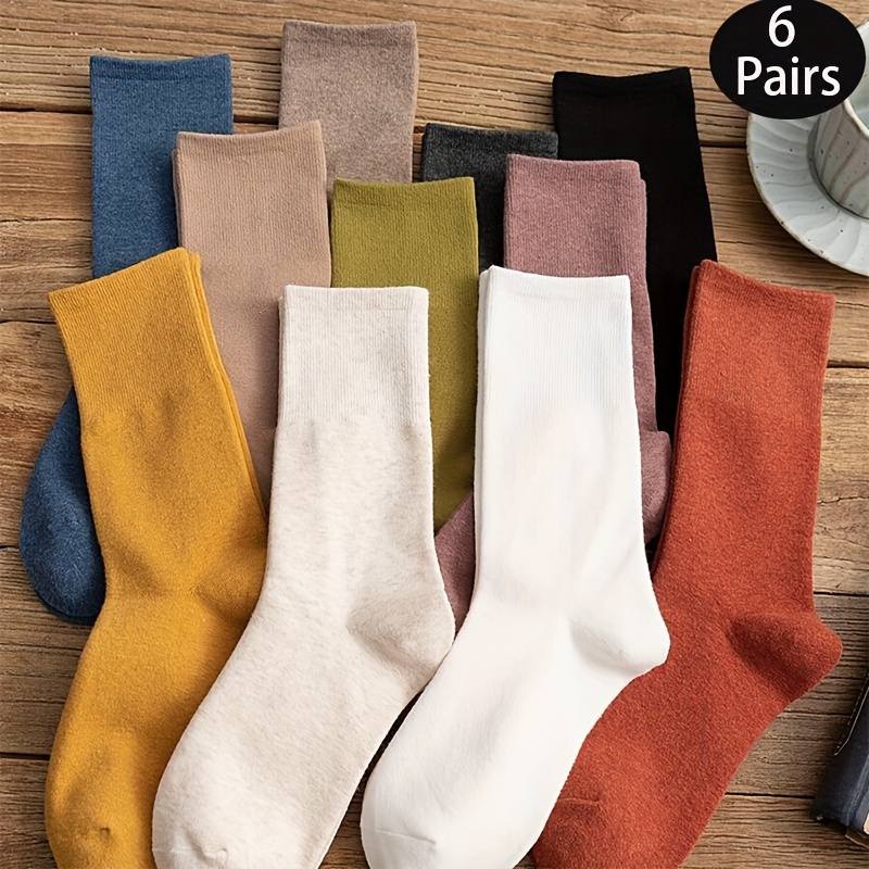 

6 Pairs Cotton Knee-length Socks - Solid Color Knit Fabric Casual Comb-pack, 98% Cotton 2% Polyester, Hand Washable