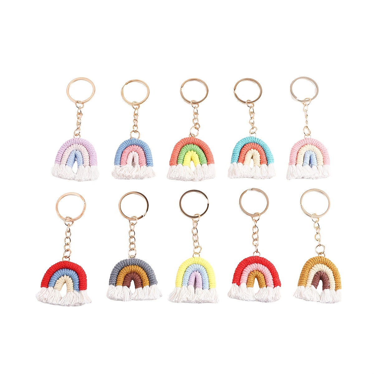 TEMU 10pcs Handcrafted Bohemian Knitted Rainbow Keychain Pendant - Fashionable And Rope Tassel Beaded Keyring Accessory - Perfect Festival Gift