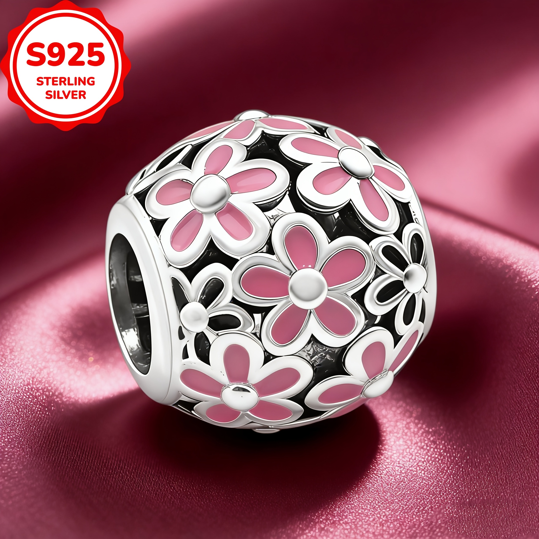 925 Sterling Silver Pink Flower Enamel Pendant for DIY