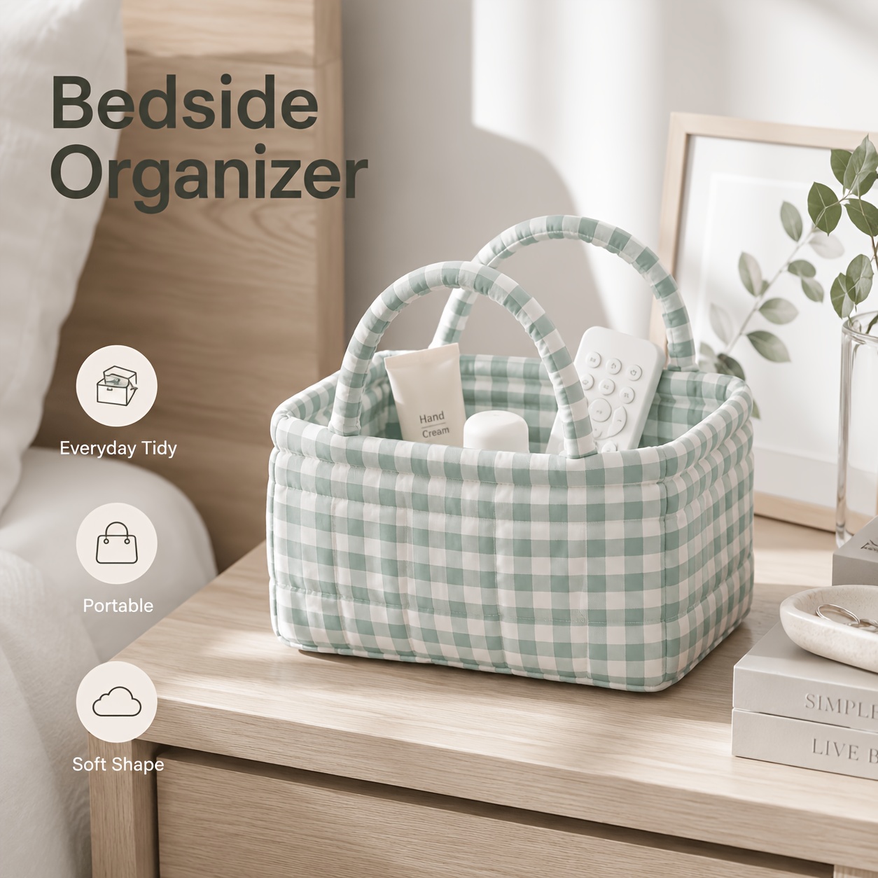 TEMU Panier de rangement matelassé à carreaux avec poignées, petit organisateur en tissu rembourré pour Cosmétique, soins de , articles de toilette,
