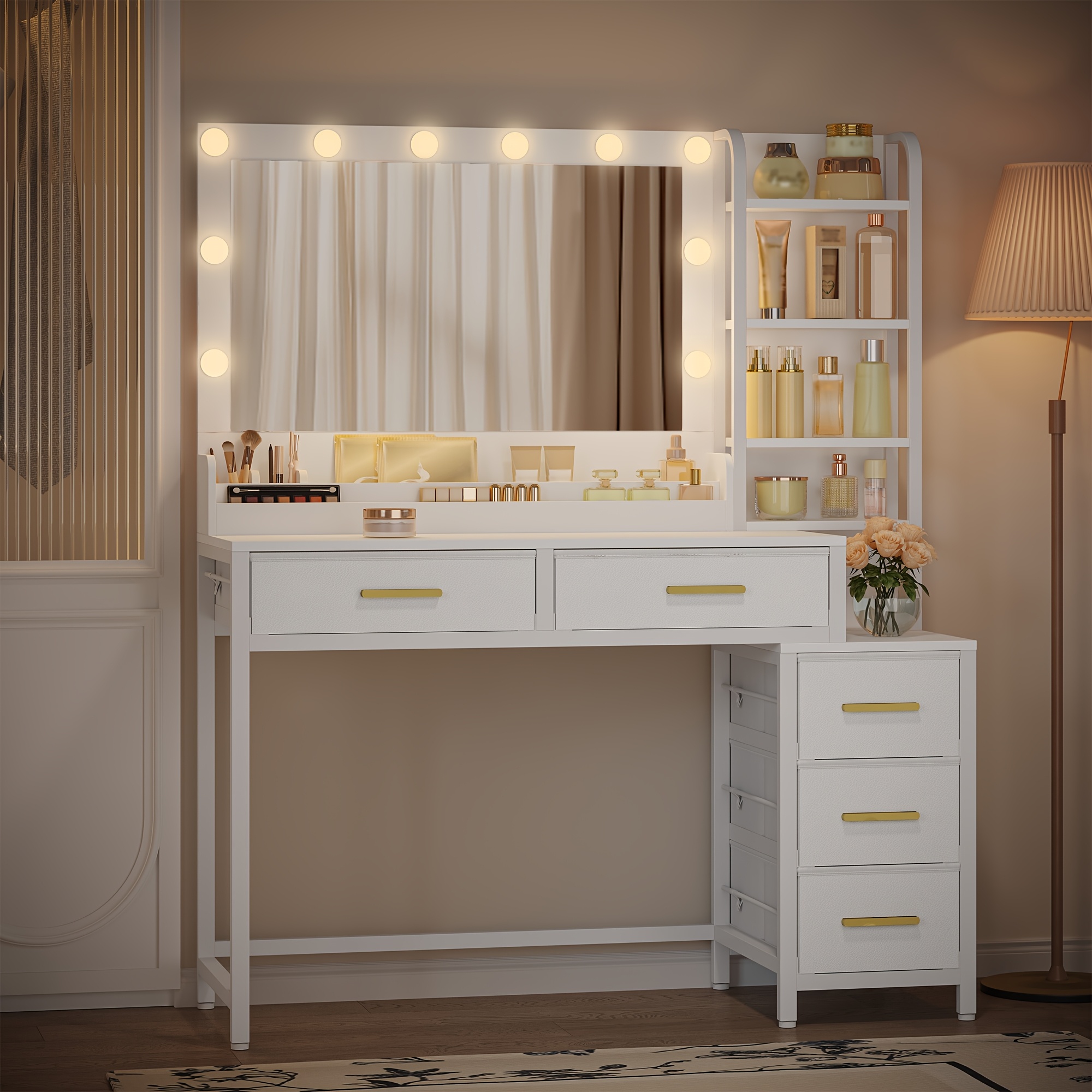 110 Cm Vanity with LED Lights, Large Mirror & Adjustable Brightness