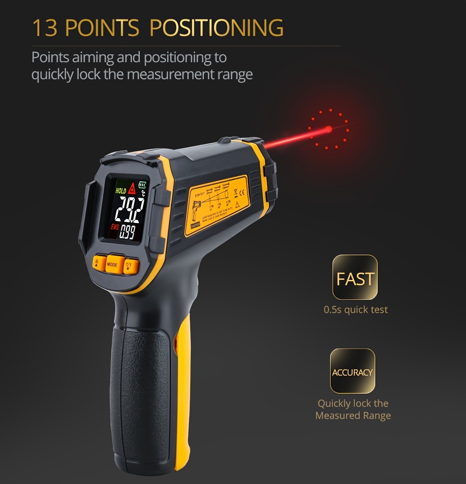 Non-Contact Infrared Thermometer with Humidity Monitor, 50°-490° Measurement Range, Color Screen Alert Function, ABS Plastic, Battery Operated - Ideal for Lab & Field Us