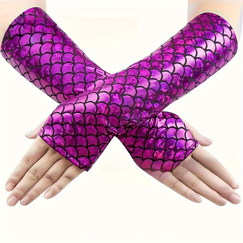 E-shop Modehandschuhe für Frauen, Meerjungfrau-Kostümzubehör, Farbwechselnde Symphonie Fischschuppen Offene Fingerhandschuhe für Halloween Cosplay
