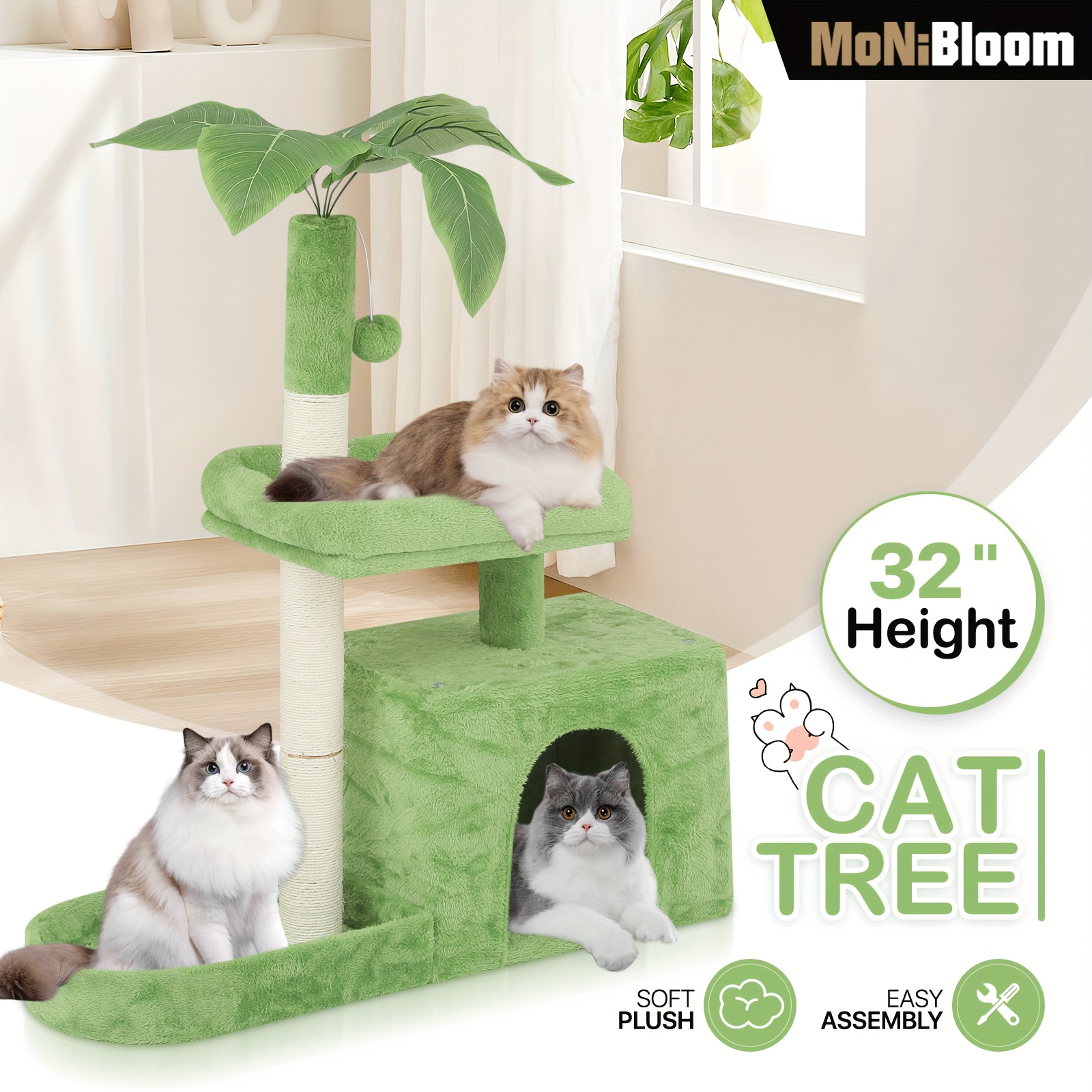 

Monibloom Cat Tree With Green Leaves, 32 Inches Cat Tower With Scratching Posts, Cat House W/cozy Condo, Perch And Fluffy Ball For Indoor Cats