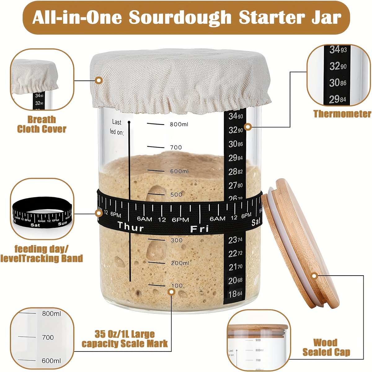 

Sourdough Jar-1000ml/24oz, Bread Kit 2 Pack With Silicone Scraper, Bread Scraper, Thermometer Strip, Date Feeding Band, Cloth Cover And Wood Lid.reusable For Diy Bread