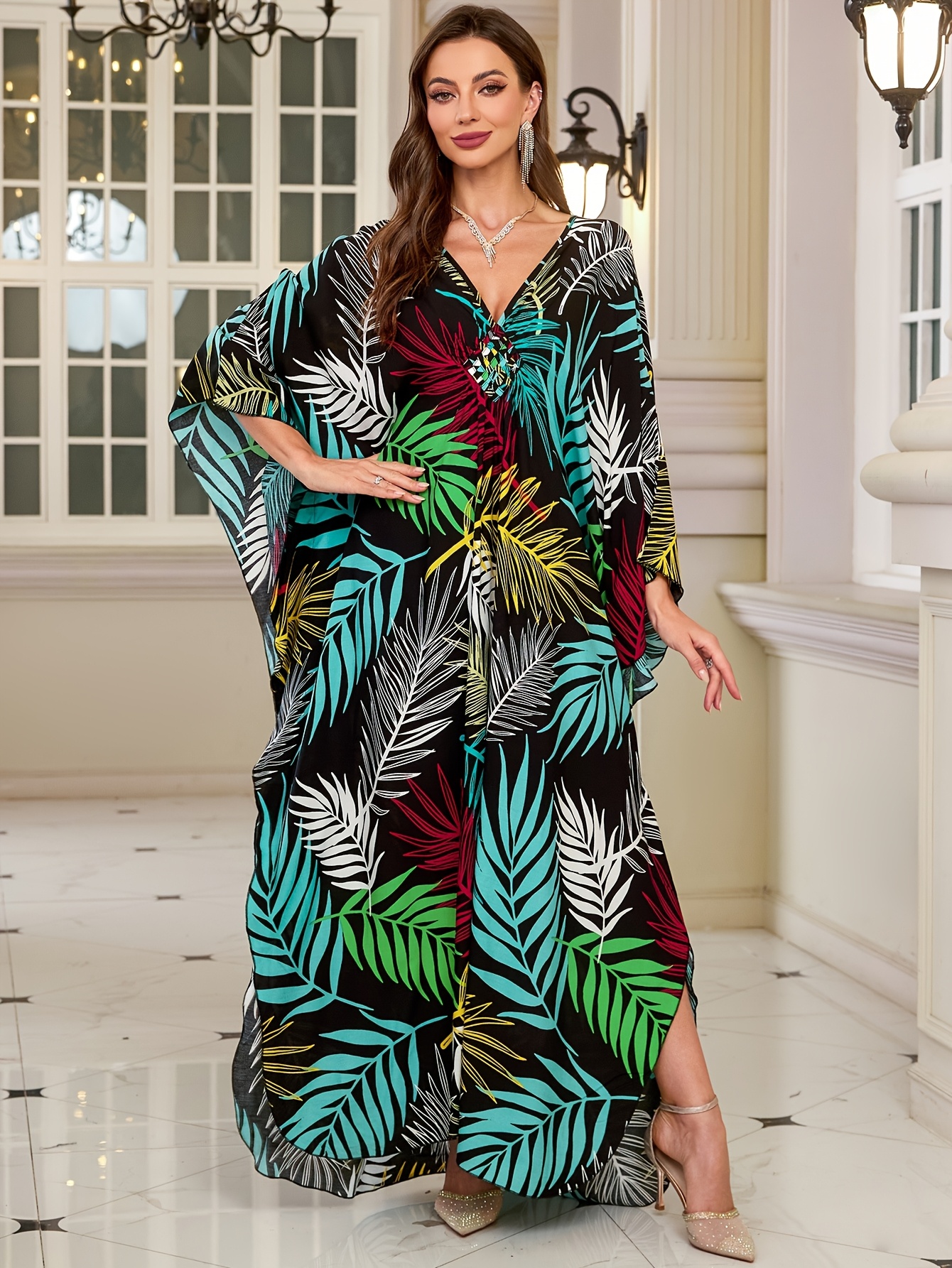 beach wrap dress plus size Final Sale Plus Size Faux Wrap Dress with Waist Tie in Multi Color New –  Chic And Curvy main image 1