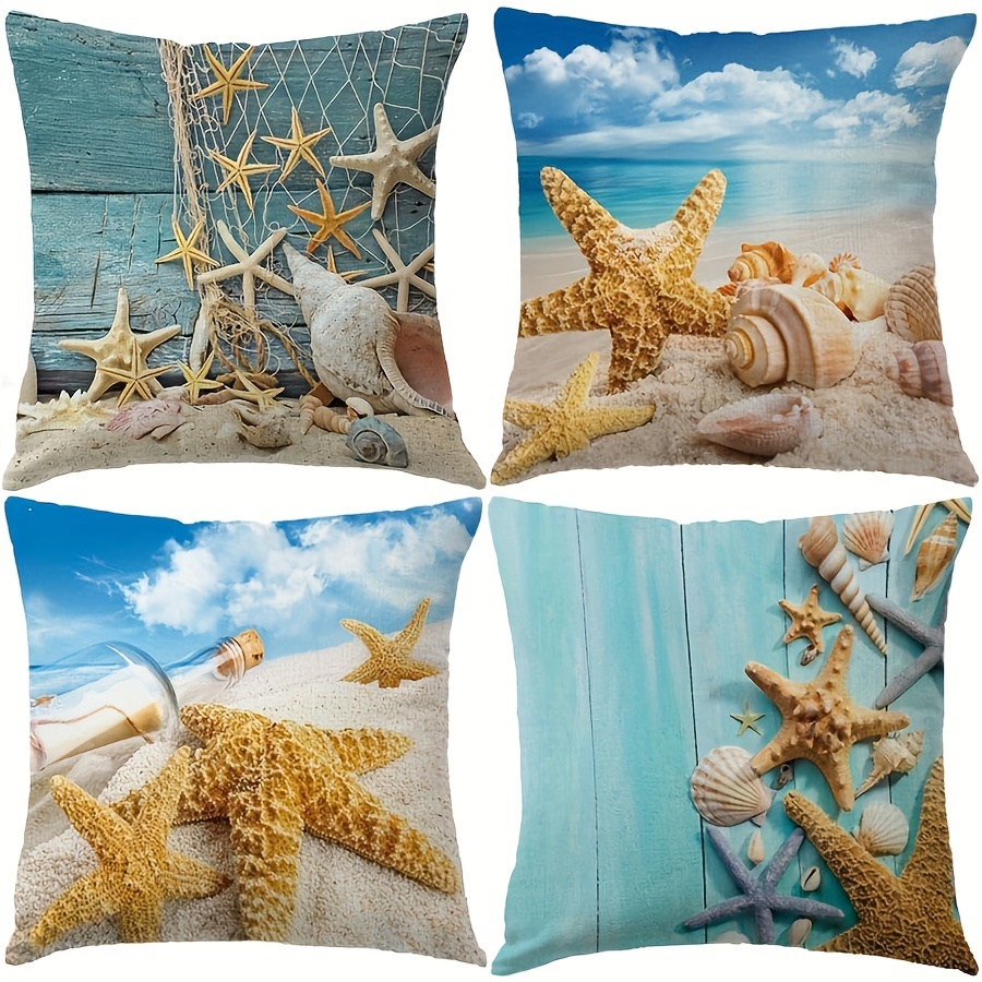 

4pcs Set Coastal Summer Ocean Decorative Pillow Covers, 18x18 Inches - Beach & Marine , Zip Closure, Machine Washable Polyester