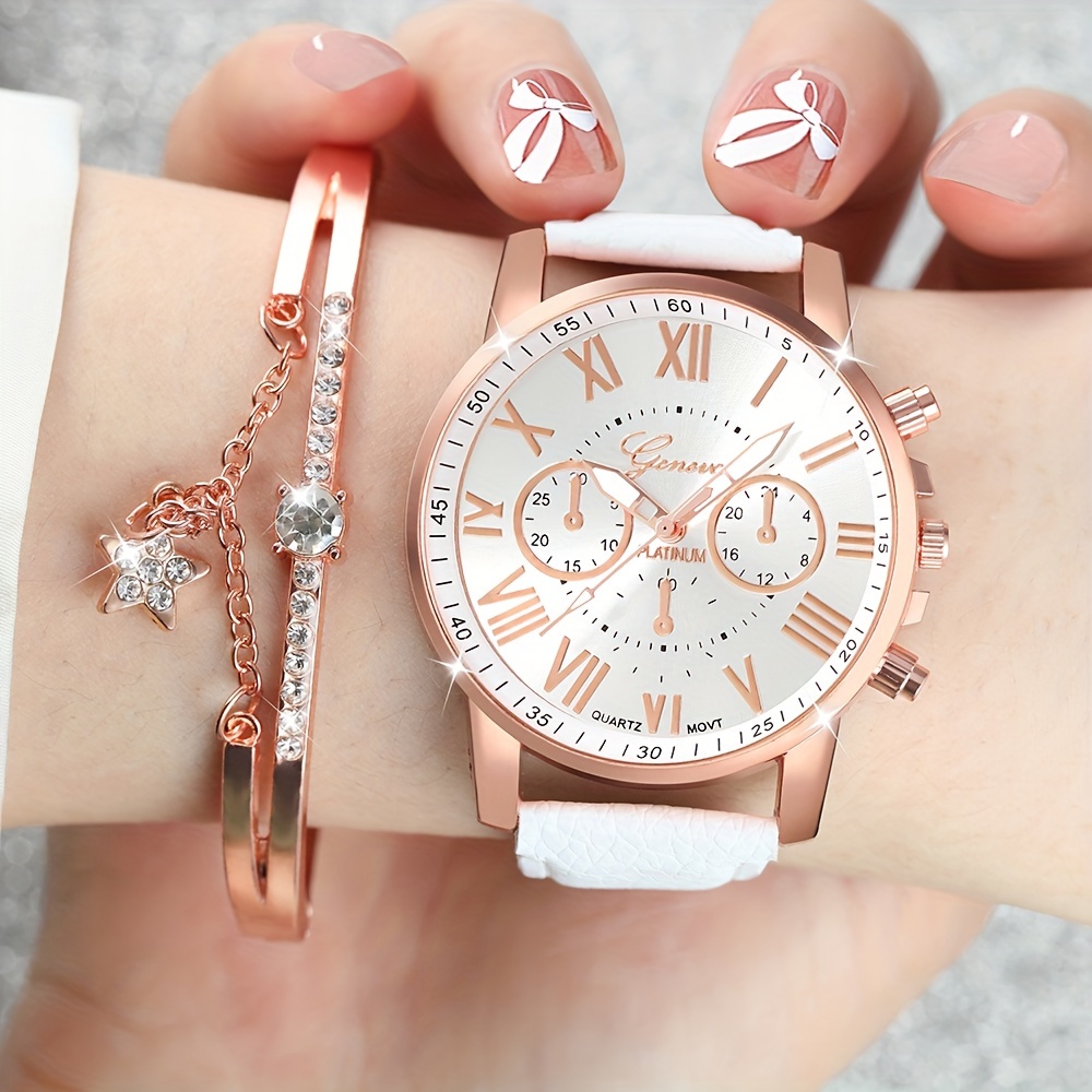 

2 Pcs White Quartz Watches Pu Leather Strap Alloy Pointer Alloy Dial And Rhinestone Bracelet For Women Gifts For Eid