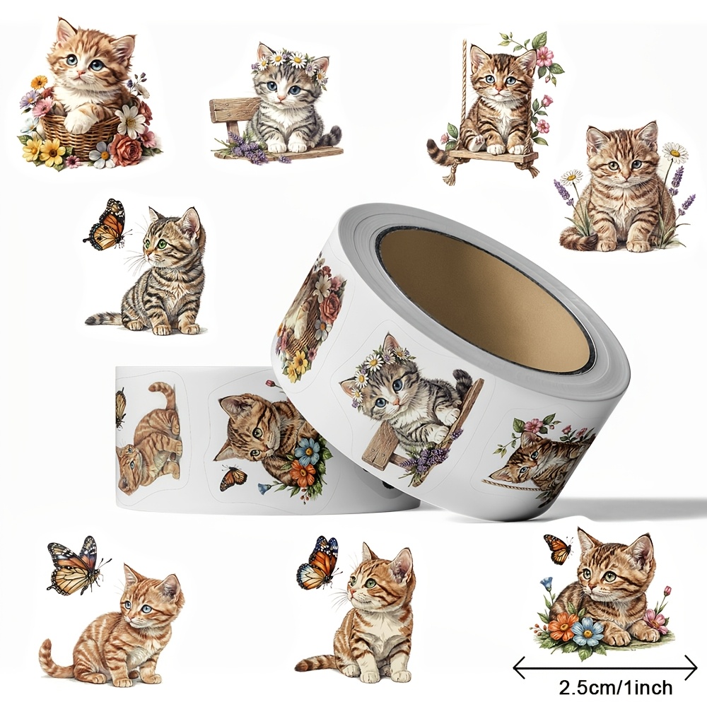 TEMU 500 Sheets/roll, Animal Stickers, Roll-pack, Watercolor Calico Cat Stickers, Suitable For Scrapbooking And Journal Collages