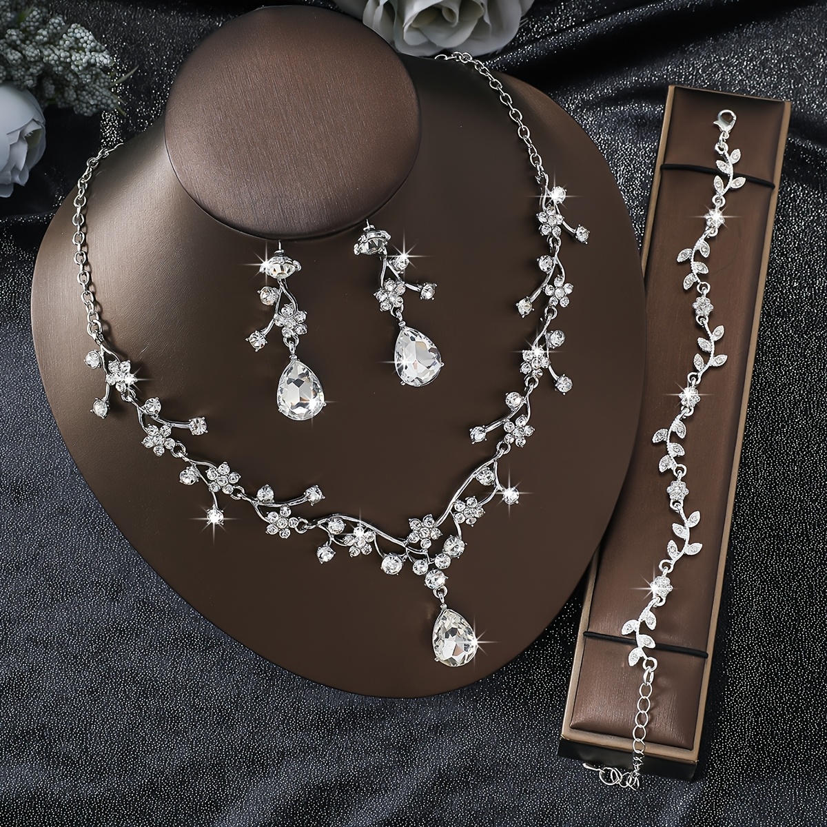 TEMU 3pcs Elegant And Luxurious Floral Necklace Earrings Bracelet Jewelry Set, Gift For Wife On Wedding Anniversary, Girlfriend For Valentine's Day,