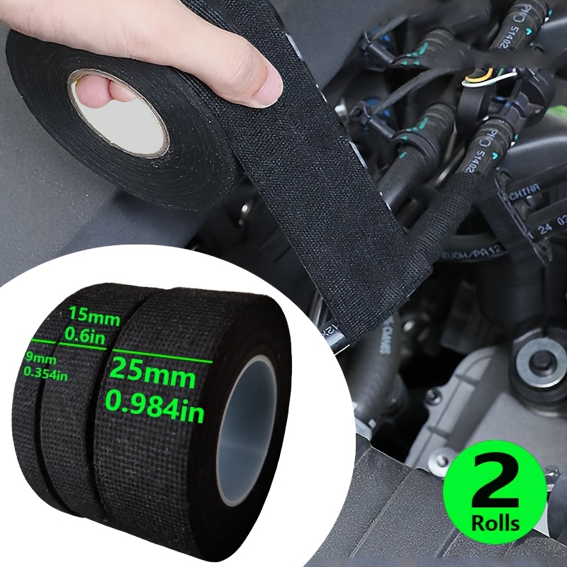 2-Pack Wiring Harness Tape – 25mm X 15m, Adhesive Fabric Cloth Tape, High Temp & Water Resistant For Car/Vehicle, Black
