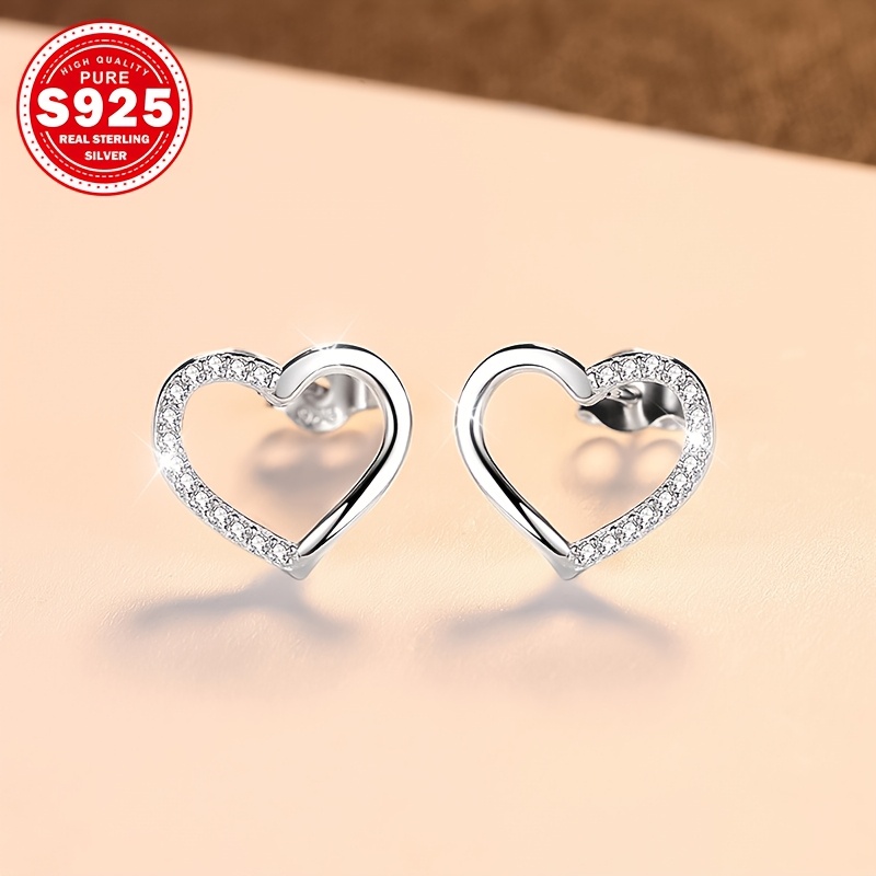 Heart-shaped S925 Silver Stud Earrings with Zirconia