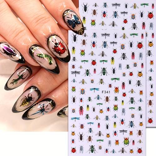 2 sheets of insect nail stickers summer dragonfly and nail art ladybug and bee nail decoration easy to apply suitable for nail designs f341