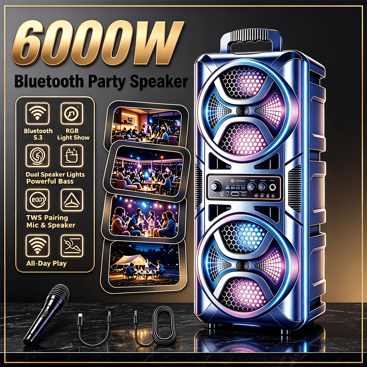 Image of 3000w Portable Bluetooth With Dual 6.5 Inch Speakers, Powerful Subwoofer, Led Light Effects, Tws Stereo, Aux/usb/tf Card Support, Wireless Speaker For Parties, Home And Outdoor Events