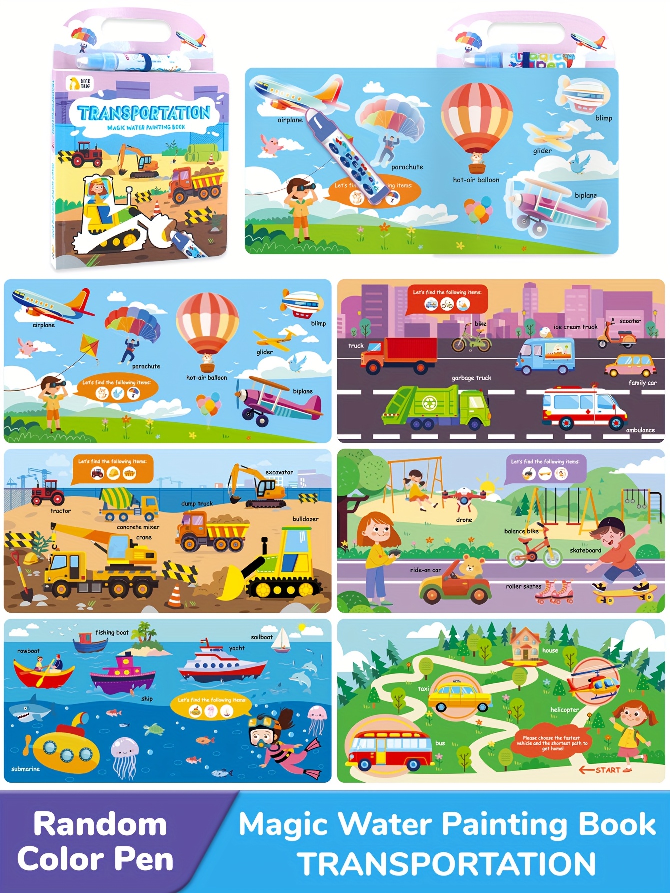 Transportation Magic Water Book, Mess-Free & Reusable Painting Book, Learning Toy& Educational Coloring Book for Ages 3+, Ideal Holiday, Birthday, Travel& Home Activity Gift for Preschool, Youngster
