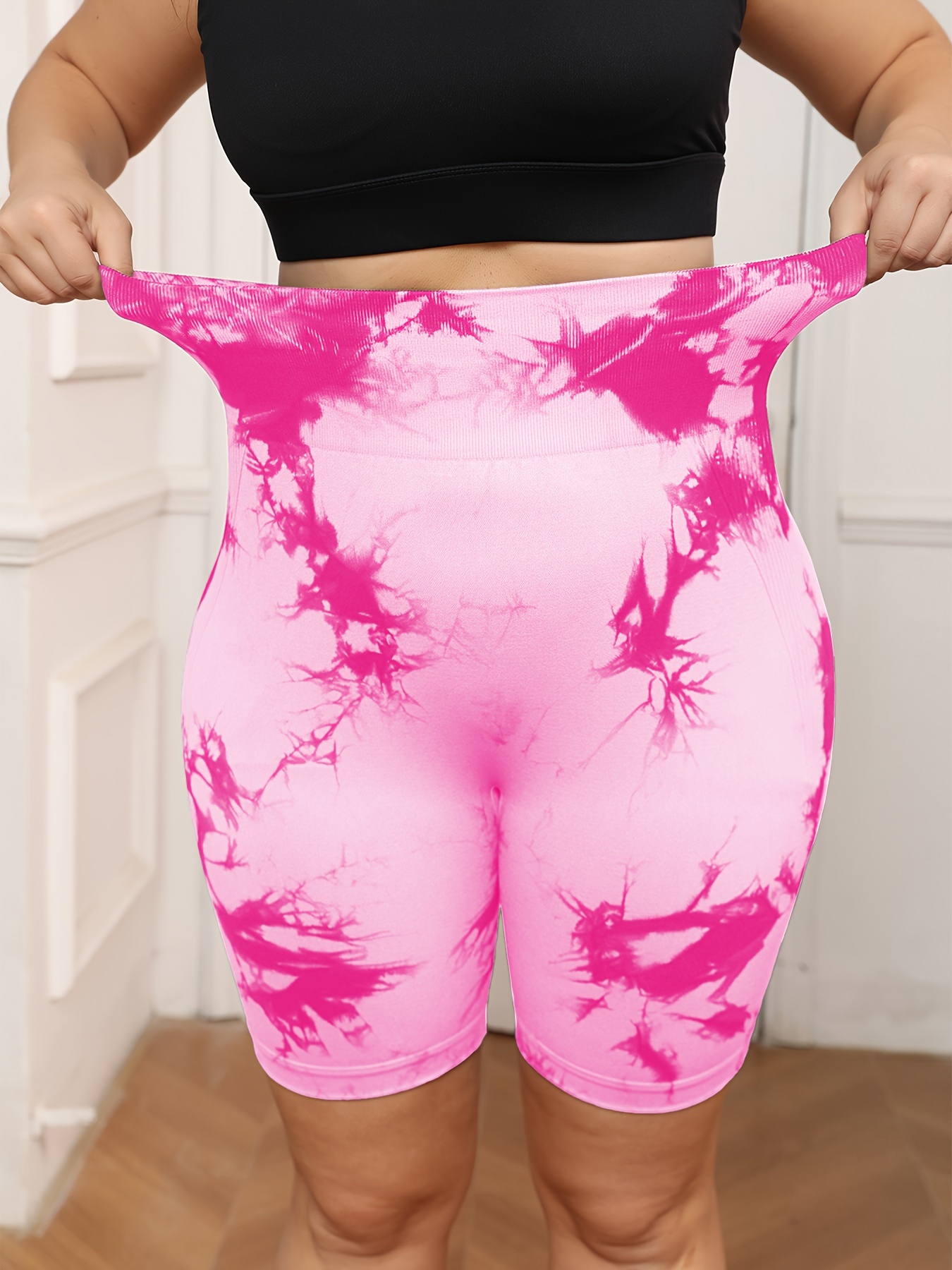 Plus Size Women's High-Waisted Tummy Control Yoga Shorts - Tie-Dye Design, Stretchy Machine-Washable Fabric for Summer Workouts & Casual Wear, Tummy Control Shorts, Stylish Workout Apparel, Highelastic Fabric