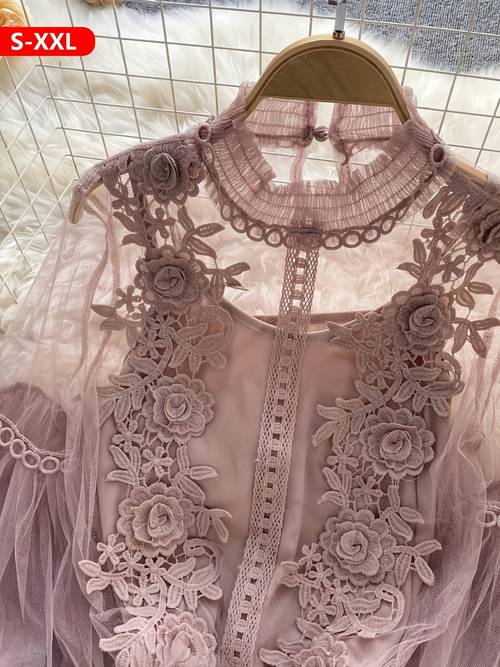 elegant womens polyester blend top with contrast lace detail crew neck solid color knit fabric regular length spring summer fashion