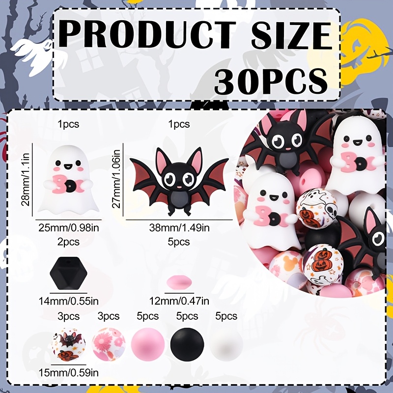 Image of 30pcs Halloween Boo & Bat Silicone Beads Set- Silicone Beads, Beads For Jewelry Making, + Print Round Beads + Beads , Perfect For Diy Bracelets, Lanyards, Bead Pen Bracelets Accessories, Holiday Paty