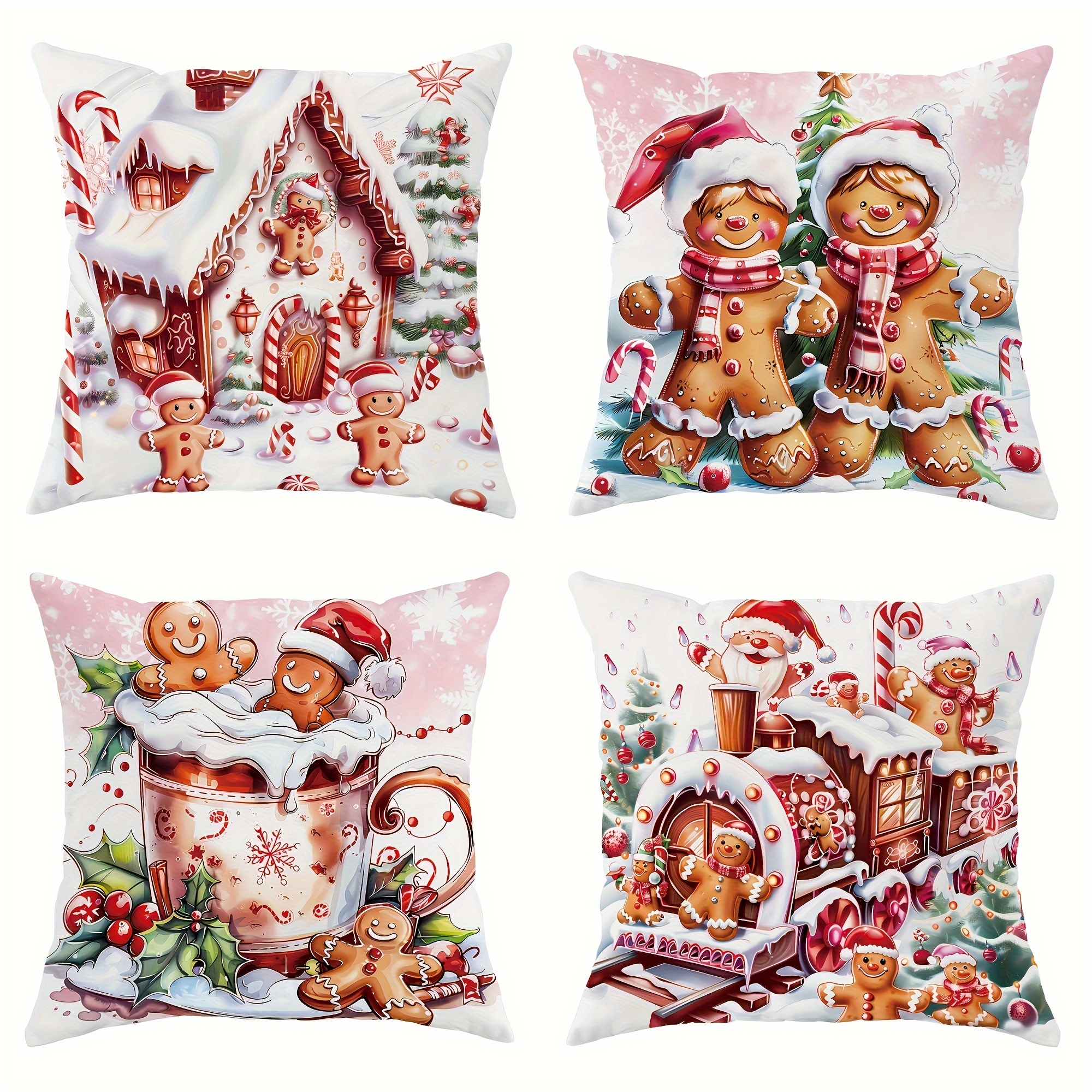 

Vintage Christmas Gingerbread Throw Pillow Covers Set, 4pcs, 18x18 Inches, Zip Closure, Machine Washable - Living Room, Bedroom, Office Decor - Holiday Design Without Insert