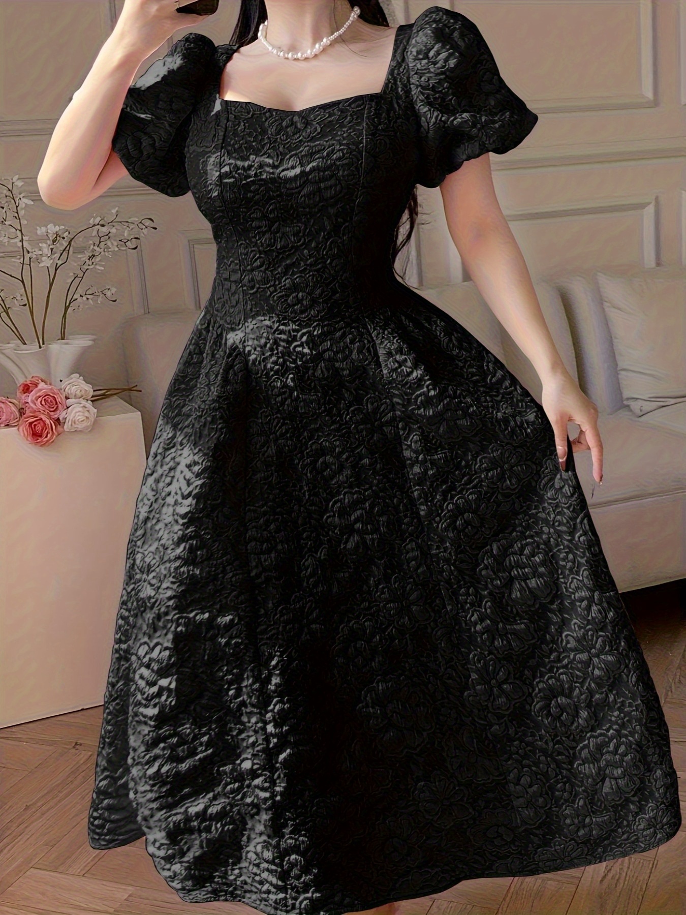 Women's Elegant Floral Print Puff Sleeve Boat Neck Dress - Fitted Waist,  Machine Washable * Versatile Long Dress for Casual & Formal Occasions, Long  Sleeve Dresses, Vacation Outfit, No Stretch ...