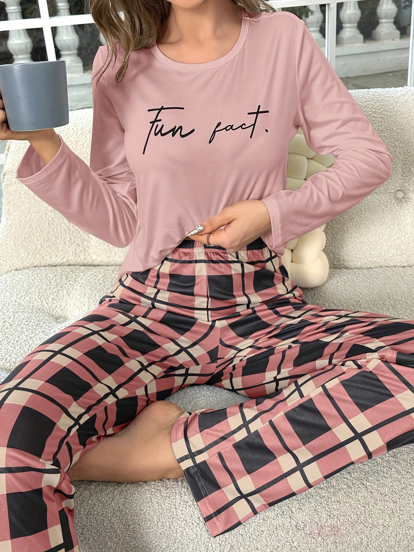 Letter Print Pajama Set Long Sleeve Crew Neck Top Plaid - Temu