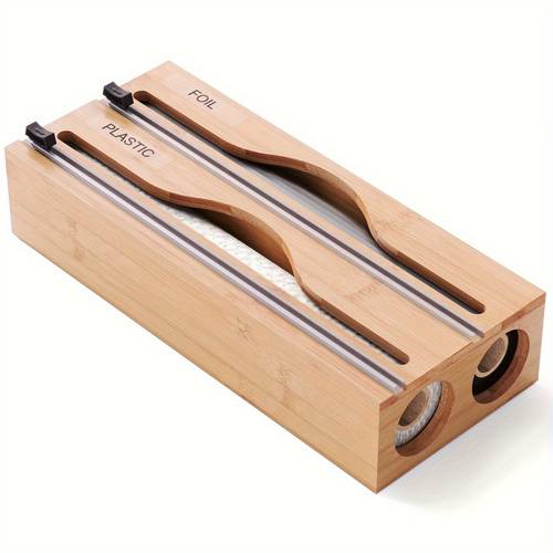 1 in 1 with cutter and labels bamboo plastic wrap aluminum foil and wax paper dispenser for kitchen drawer bamboo roll organizer holder black white