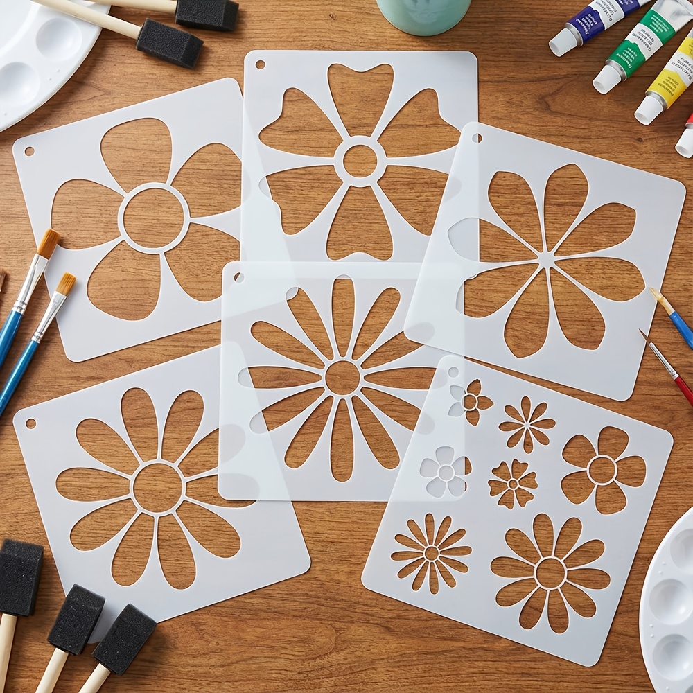 Image of 6pcs Daisy And Sunflower Stencil | 12.7cm Plastic Flower Stencils For, Wall Art, Home Decor, Scrapbooking, Fabric, Glass, Collage Crafts - Creamy