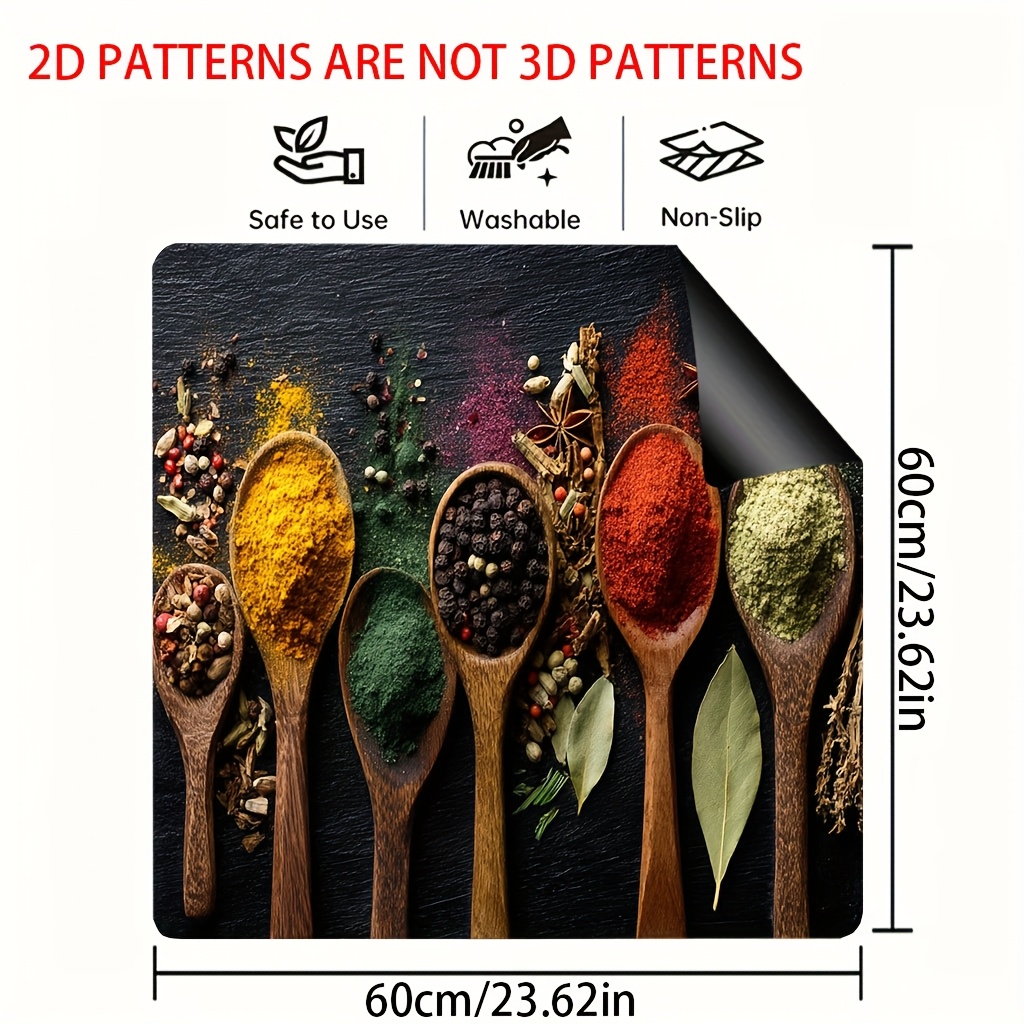 TEMU 1pc, Tapis de cuisinière à impression plate 2D, Assaisonnement d'ustensiles de cuisine, de cuisine Convient au protecteur de comptoir,