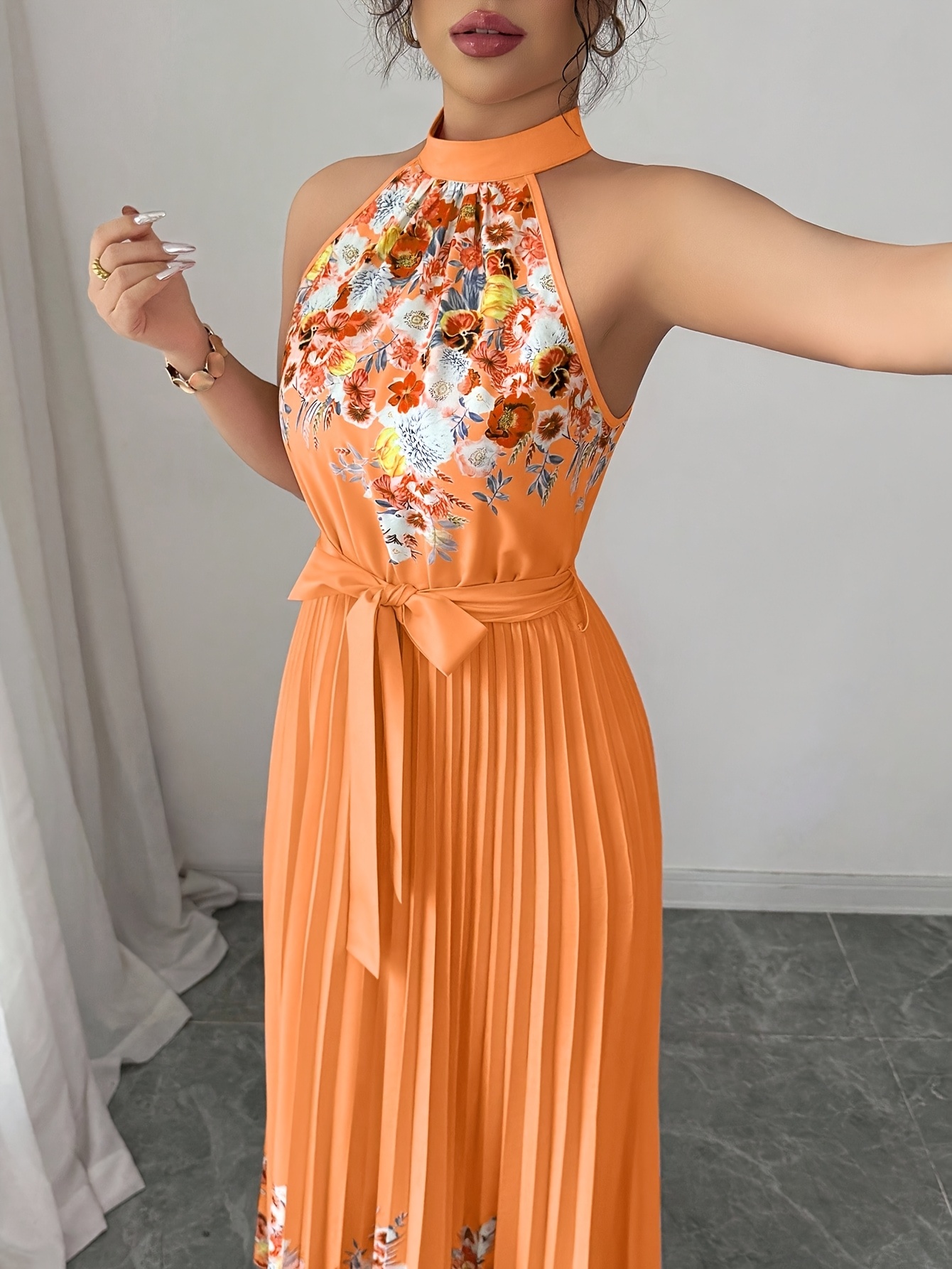 Fashionable New Women'S Summer Halter Floral Print Pleated Dress