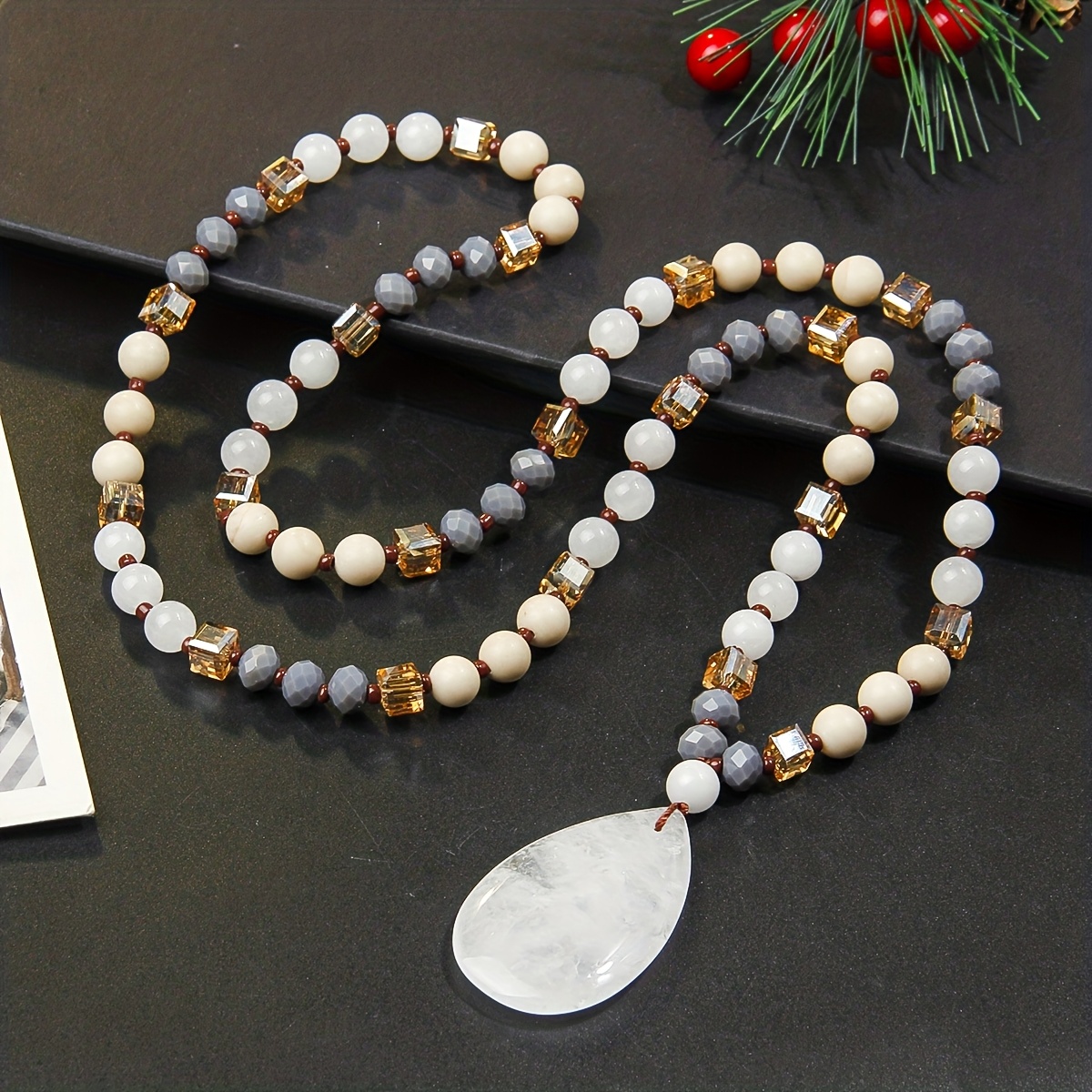 Natural Stone Beads Necklace with Hand-Rolled Beads for Women