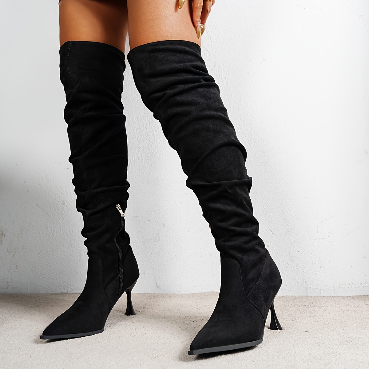 neue ankunft stilvolle schwarze spitze zehenhohe stiefel Temu