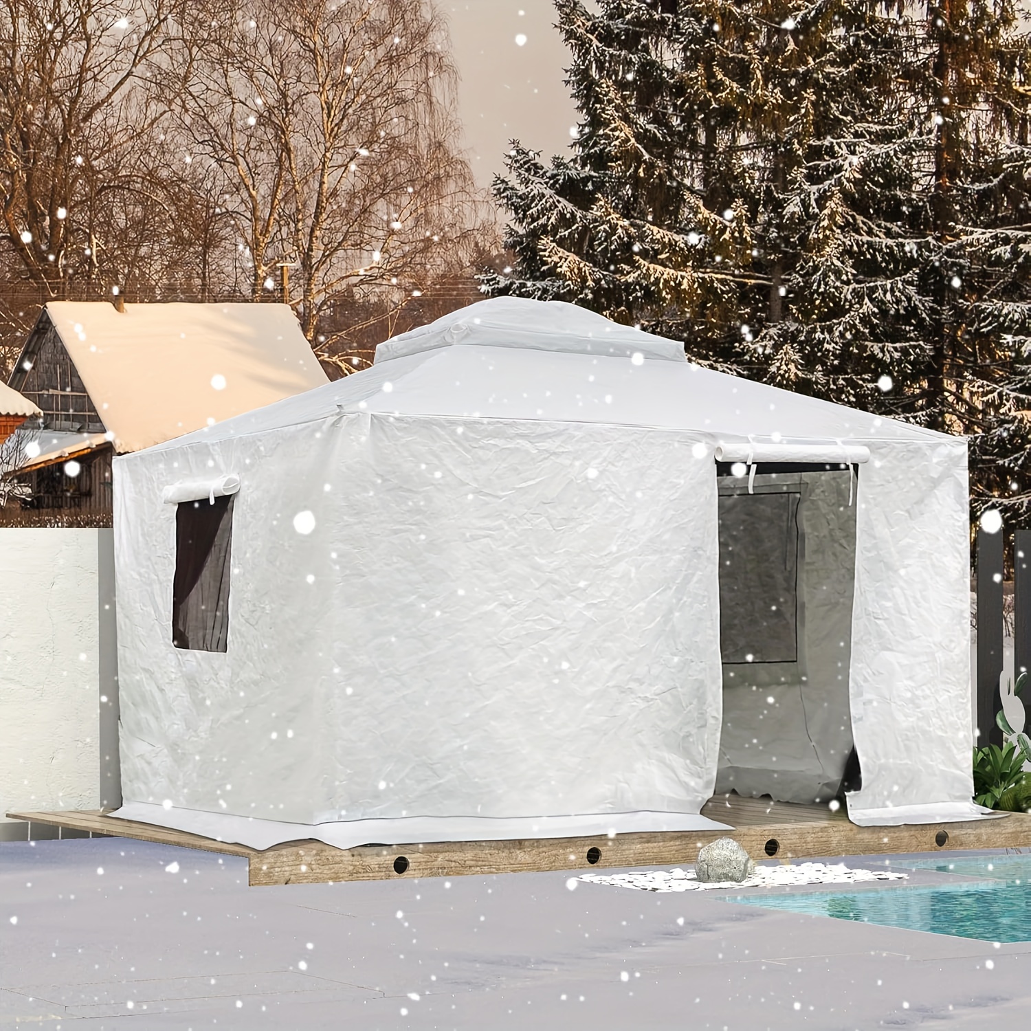 TEMU 10'x12' Couverture de gazebo d'hiver toutes saisons - Toit d'extérieur fermé et imperméable avec murs latéraux et fenêtres en , tissu PE 200g,