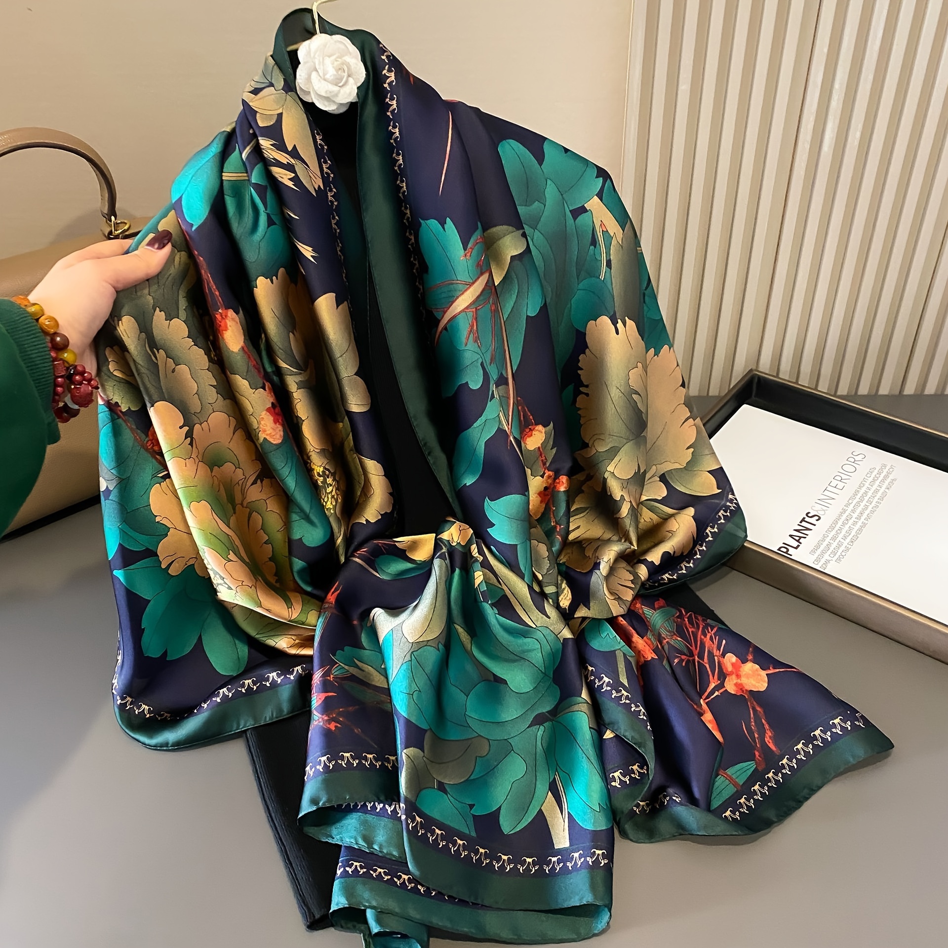 

Multicolor Flower Print Scarf Simulated Silk Thin Smooth Shawl Vintage Style Windproof Sunscreen Travel Scarf For Women