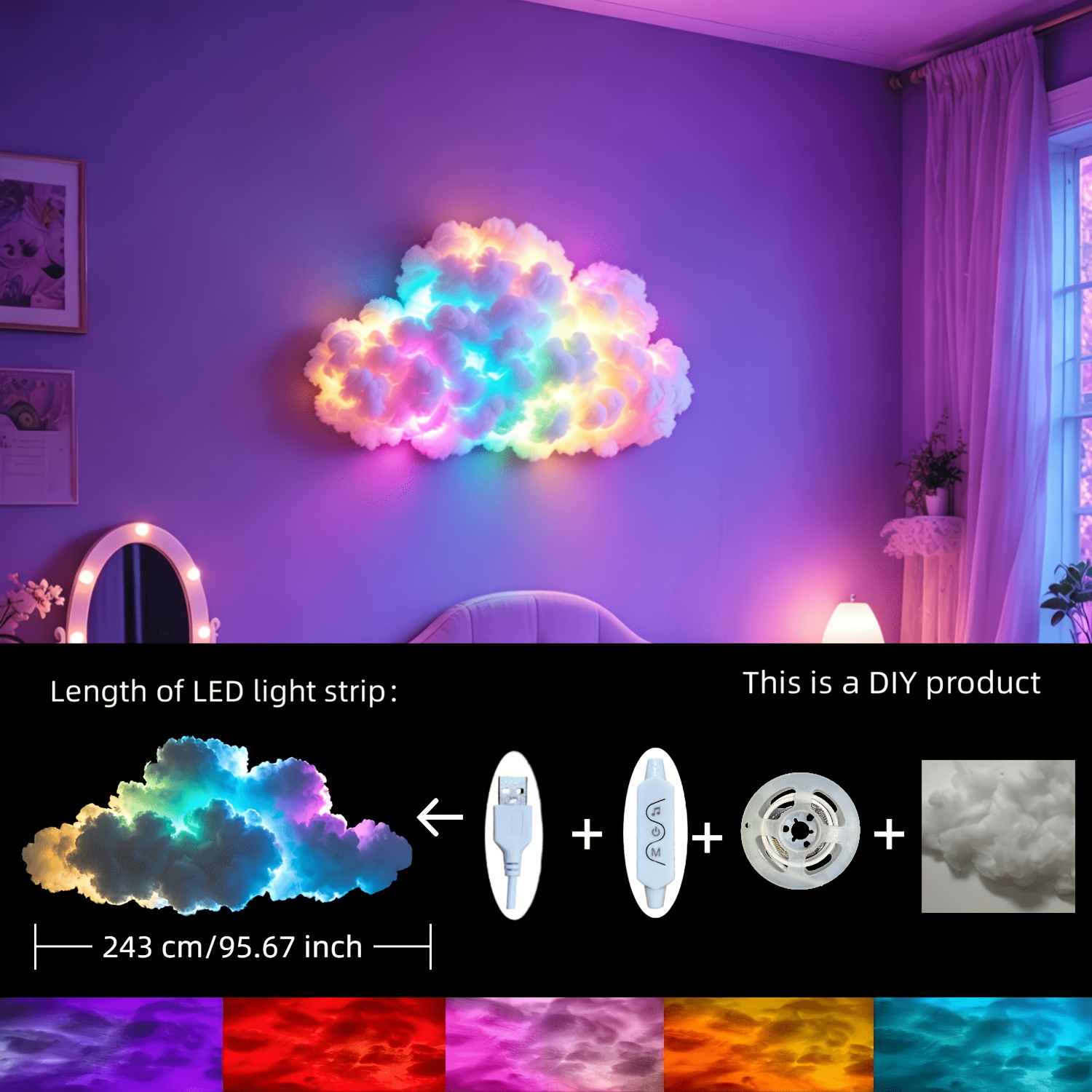 TEMU Veilleuse Nuage Orageux 3D | Bande LED RGB Intelligente, Mode Synchronisation Musique, Changeant de Couleur | Alimentation par USB, Montage