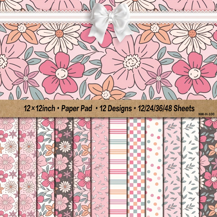 

12x12 Inch Paper Pad - 12/24/36/48 Sheets, Cartoon Flowers Pattern Craft Cardstock, Diy Decorative Background For Card Making, Art Craft Supplies