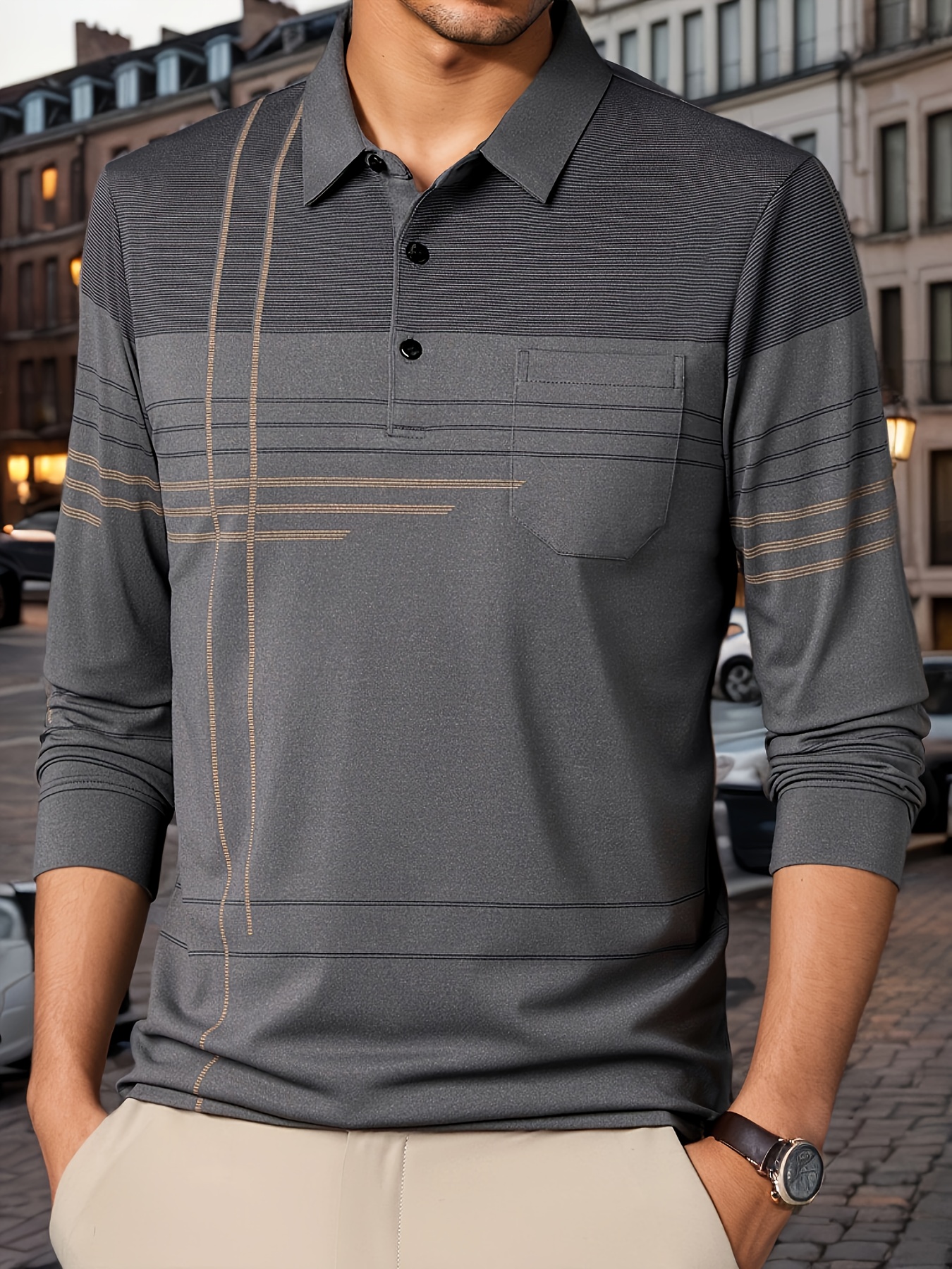 chemise à rayures vintage pour homme avec poche - respirante, manches longues, détail bouton pour le golf & activités air Détails du produit 43