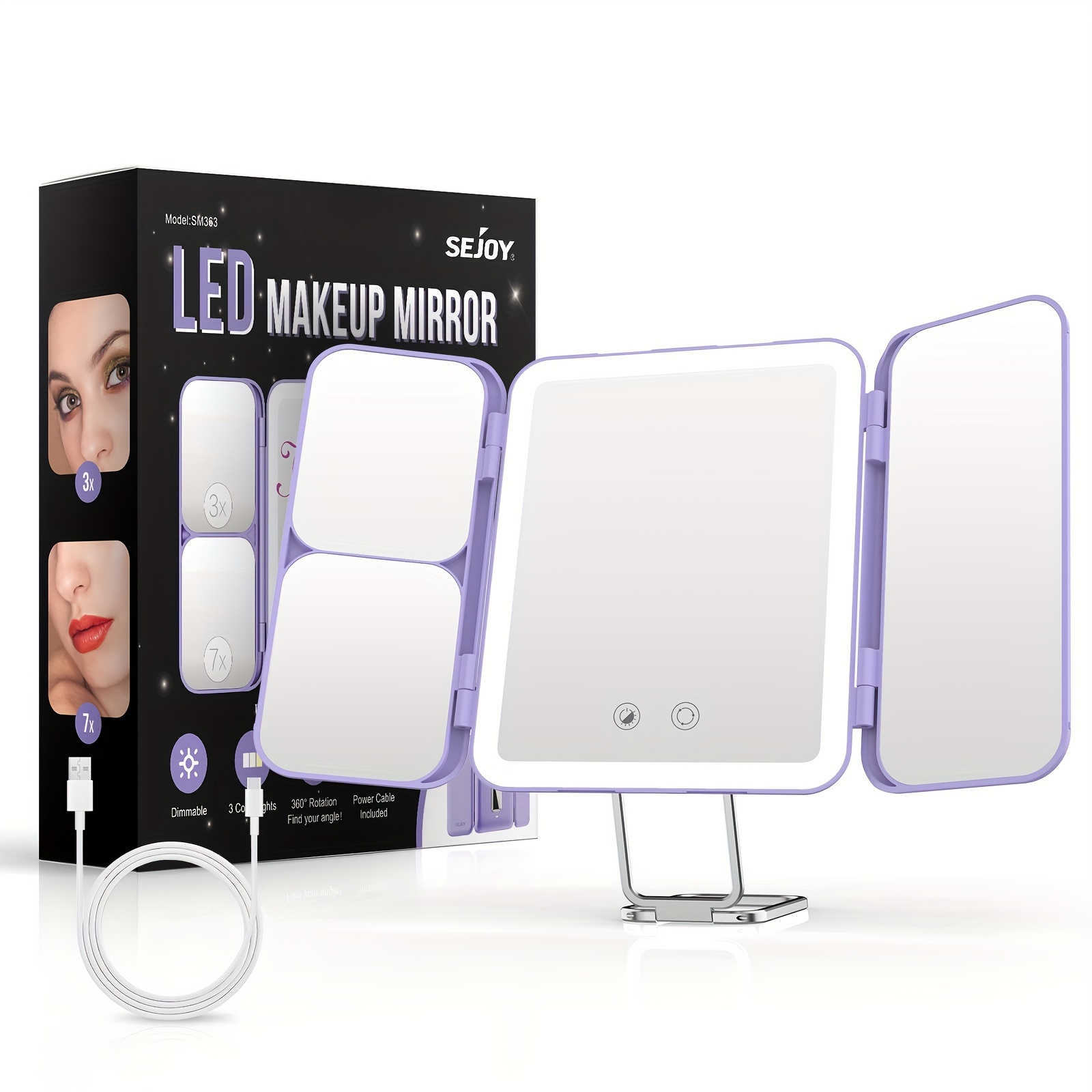 

Tri-fold Makeup Mirror Vanity Mirror With 3 Color Led Lights X1/x3/x7 Magnification Rechargeable Travel Mirror Touch Screen, Purple