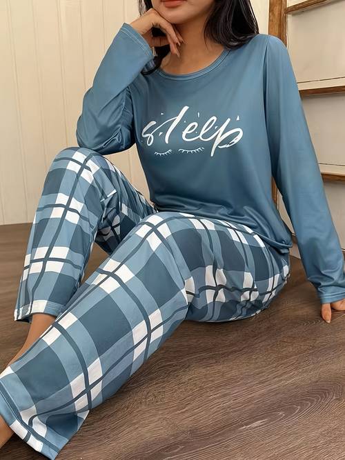 2pcs womens pajama set long sleeve pajamas printed with sleep pattern comfortable and clothes
