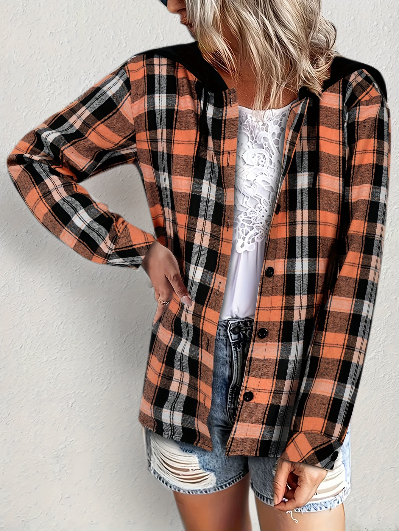 plaid print hooded blouse casual long sleeve blouse for spring fall womens clothing details 2