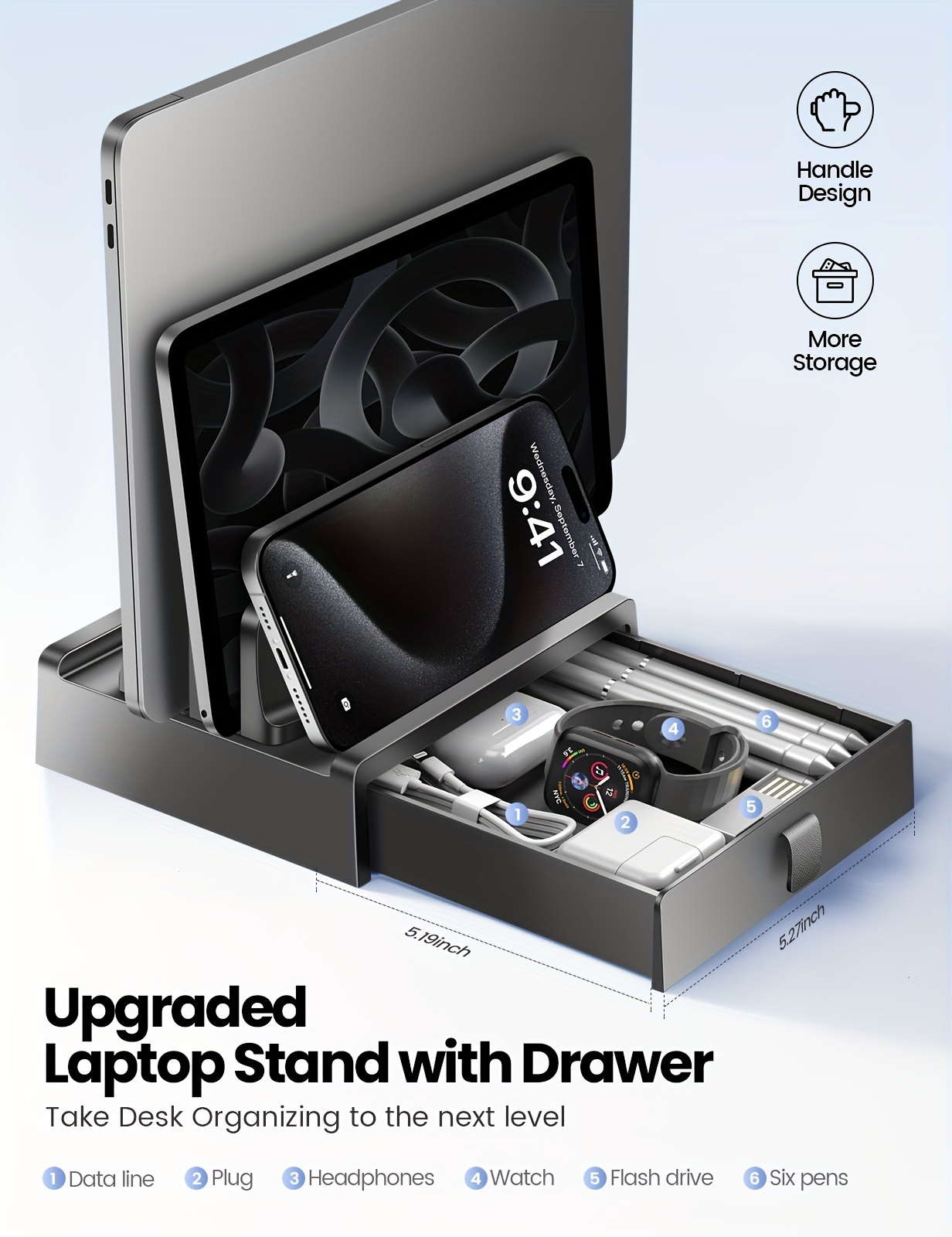 Vaydeer 3-in-1 Laptop Stand with Drawer - Vertical & Side Cooling Storage Rack for Multiple Devices, Compatible for MacBook Pro, for HP, for Dell